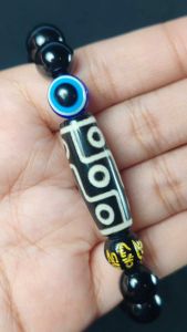 Nine Eye DZI Agate Black Mantra and Black Onyx with Blue Evil Eye round 10mm Elastic Lucky Charm Bracelet Chinese Feng Shui / Original 100%