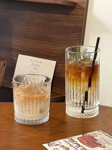 Ins Style Coffee Shop American Latte Ice Coffee Cup Cold Brew Mocha Vintage Home Use Stripe Glass Cup Transparent round Shape