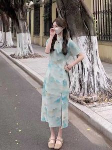 New Style Young Qinghua Cheongsam Dress Floral Print mid Waist Short Sleeve Midi Skirt Chinese Retro Fashion Daily Wear Summer Dress