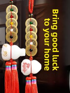 Chinese Ancient Copper Coin White Jade Gourd Hanging Ornament for Home Bedroom Bathroom Door Good Luck Decorative Item