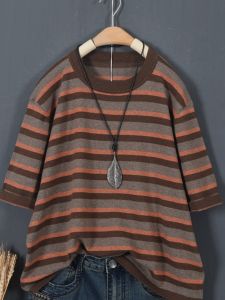 Summer New Pure Cotton Wide Stripes Short Sleeve Womens Artistic Retro Knitted Body T-Shirt Versatile round Neck T-Shirt Top