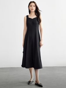 Summer Knitted Vest Dress Womens Mid-Length Texture Dark Pattern Slimming Black Dress Commute Style Simple Splice Waist mid