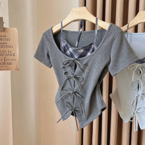 Áo Thun Tay Ngắn Cổ Tròn Kẻ Caro Thiết Kế Nữ Tính Cổ Giả Hai Mảnh Thắt Nơ Thắt Lưng Ngắn Mùa Hè Cotton Phong Cách Hàn Quốc