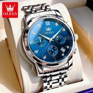 OLEVS Multifunctional Chronograph Watch For Men Original Waterproof 2024 Sale Luxury Stainless Steel Quartz Watch Casual Calendar Display