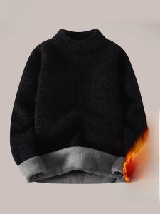 ROMON | Lomond Mens Fleece Lined Knitwear Half High Collar Warm Solid Color Base Layer Shirt Casual Loose Fit Polyester Winter Sweater