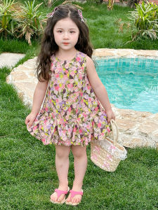 Summer Sleeveless Princess Dress for Girls Floral Print Cotton Soft Fabric Daily Wear Medium Waist Short Skirt Style Kids Clothes