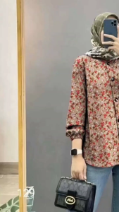 Baju Blouse Atasan Wanita Oversize Blus Motif Bunga Lengan Panjang