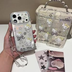 Sanrio | Clear Glitter Laser Star Heart HelloKitty Phone Case With Crystal Bead Wrist Lanyard Shockproof Cover For iPhone 16 15 17 ProMax