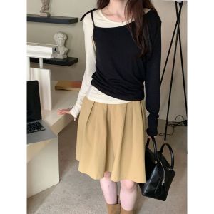 Bộ Hai Mảnh Không Đều Có Nơ Bướm Dài Tay Thời Trang Xuân Thu Cho Nữ Áo Thun Cổ Tròn Ôm Vừa Vặn Chất Liệu Polyester