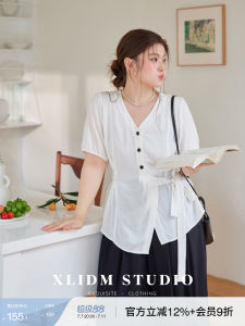 Breathable Fine Ramie V-Neck Waist-Tied Plus Size Commuter Shirt for Summer