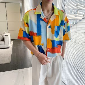 Lightly Mature Summer plus Size Short Sleeve Printed Shirt Mens Ice Silk Quick-Drying Drape Handsome Loose Outer Wear Half Sleeve Shirt Fashion