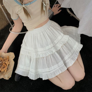Summer Girls White High Waist A-Line Pleated Mini Skirts Lady Chic Sweet Ruffles Tierred Emboss Design Anti-Flash Ballet Skirt