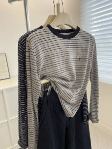 Korean Cartoon Embroidered Striped Long Sleeve T-Shirt Womens Casual round Neck Base Shirt Top Cotton Polyester Blend