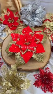 BUNGA NATAL KASTUBA POINSETTIA HIASAN BUNGA GLITTER MERAH GOLD SILVER DEKORASI NATAL MERRY CHRISTMAS