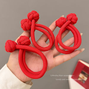 New Year Red Button Chinese Knot Hair Rope Womens High Elastic Durable Rubber Band New Year Hair Ring Headdress Winter