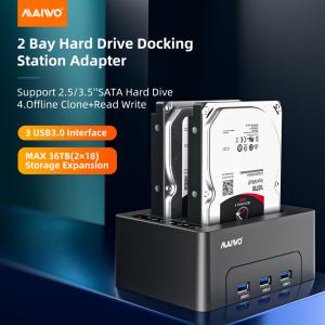 MAIWO SATA HDD Cloner 2bay Docking Station With USB3.0 HUBx3 Offline Clone 1:1 for 2.5  3.5inch Hard Disks  Fast Charge USB3.0  5Gbps ToolFree  with power supply  12V 3A