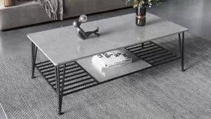 Bàn trà đơn Sofa phòng khách mặt đá chữ nhật chân kim loại 3 ống có ngăn bàn sang trọng hiện đại