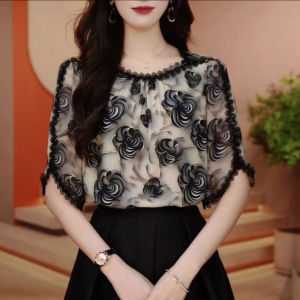 Ice Silk Chiffon Shirt Womens Summer Rose High-End Sensation Top 2024 New Popular Belly Covering Beautiful Stylish Small Shirt
