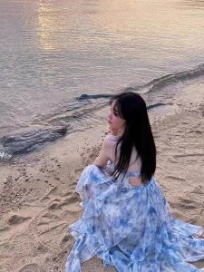 Blue Floral Lace Neck Long Dress Irregular Hem Vacation Beach Backless Skirt A-Line Gown High Waist Summer 2024 Womens Fashion