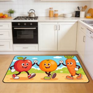 Cartoon Kitchen Floor Mat Cute Anti-slip Super Absorbent Kitchen Rug  Easy Clean Dancing Spoon Fork Pot Doormat for Home Decor