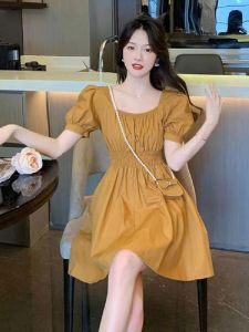 Slimming French Style Square Collar Bubble Sleeve Dress Summer New Arrival Womens Sweet Style Princess Fit Shirt Dress