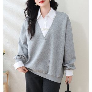 September Stray Ink European Goods Grey Polo Collar Splice Fake Two-Piece Sweatshirt Trendy Loose Slimming Womens Top