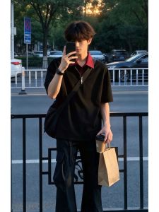 YOULIN | Contrast Color Fake Two Pieces Polo Shirt Half Zip 5/8 Sleeve