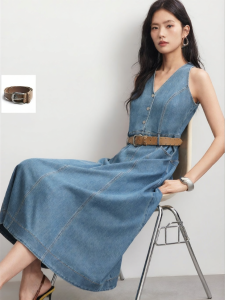 Vero Moda | V-Neck Belted A-Line Denim Dress