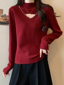 เสื้อสเวตเตอร์ถักสีแดงคอปกสูงครึ่งตัวสไตล์ฝรั่งเศสสำหรับผู้หญิง ฤดูใบไม้ร่วง ไซส์ใหญ่ เสื้อชั้นในสีพื้น เสื้อชั้นในส่วนบน