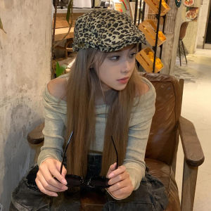Retro American Leopard Print Beret Hat Women Summer Thin Face Slimming Duckbill Cap Casual Cotton Short Brim Fashion Accessory