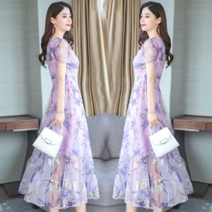 2024 New V-Neck Long Silk Chiffon Printed Dress Womens Fashion Slimming Korean Style Large Size Health Ring Summer Dress