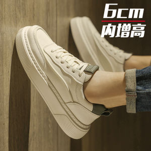 Mens Casual Shoes Leather Surface Thick Bottom Inner Heightening Sports White Trendy Shoes Autumn New Style Versatile High-End Feeling