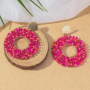 Boho Fashion Round Crystal Beaded Drop Earrings for Women Colorful Elegant Metal Dangle Earrings Handmade Summer Beach Jewelry