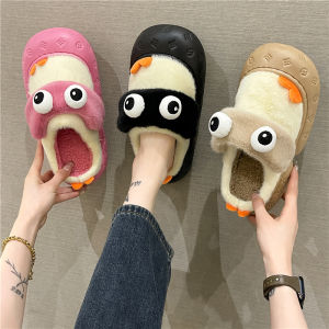 Cute Big Eyes Plush Slippers Womens Indoor Wear Autumn Winter New Style Home Comfortable Cotton Slippers Korean Style mid Heel