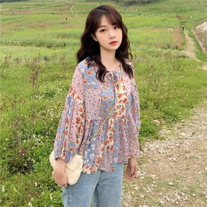 Floral Chiffon Shirt 2023 Spring/Summer K-style Cute Wild Loose Tops Doll Shirt Puffy Print Shirt for Women