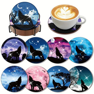 8 Miếng/Bộ Đế Lót Ly Hình Sói Tranh Kim Cương Có Giá Đỡ Bộ Dụng Cụ Thủ Công Tự Làm Dành Cho Người Mới Bắt Đầu & Người Lớn Bộ Quà Tặng Làm Tranh Khảm