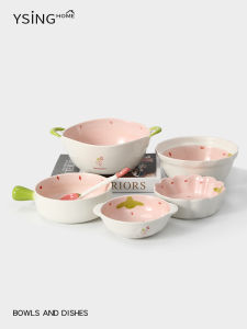 Attractive Ceramic Bowl with Double Ears Underglaze Strawberry Pattern Salad Plate Dish Cute Home Use High Value Dining Set
