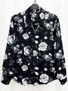 Spring Autumn Ice Silk Thin Hanging Sense Rose Print Mens Casual Retro Fashion Long Sleeve Shirt Trendy Standard Fit Youth Popular
