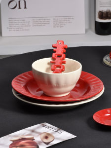Red Ceramic Dinnerware JM Ripples Aesthetic Pasta Western Dinner Steak Plate Dessert Breakfast Plate round Shape Universal Use