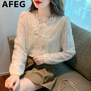 AFEG new Korean V-neck fashion loose all-match temperament chiffon stitching lace long-sleeved blouse for women
