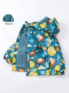 Childrens Fleece Lined Windproof Waterproof Jacket Autumn Winter Boys Casual Hooded Coat Polyester Fabric Cartoon Pattern