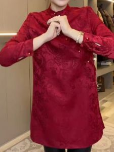 Retro Chinese Style Floral Embroidery Shirt Womens Base Layer Top Button Design Sensation Good Luck Year Sleeve Long Stand Collar