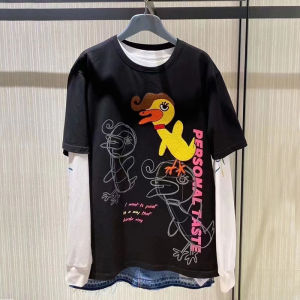 เสื้อยืดคอกลมแขนสั้นพิมพ์ลายสุนัขจิ้งจอกสีเหลืองสำหรับผู้หญิงในช่วงฤดูร้อน เสื้อเชิ้ตแขนยาวครึ่งตัว เสื้อผ้าทำงานสไตล์เรียบง่าย