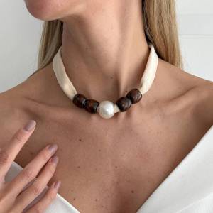 KunJoe Vintage Imitation Pearl Wood Beaded Short Chokers Necklace for Women Elegant Velvet Rope Neck Chain Jewelry on the Neck