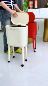 Antique Style High-legged Trash Can for Kitchen with Narrow Gaps Large Capacity Covered and Pulleys Kitchen Waste Sanitation Bucket