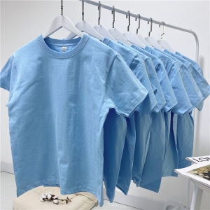 Loose round Neck Short Sleeve Pure Cotton T-Shirt for Men Light Blue Casual Summer Top Quality Sweat Cloth Standard Fit