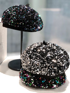 Korean Fashion Glitter Beret Hat Women Trendy Elegant Personality New 2025 Octagonal Painter Cap Street Style round Top No Brim