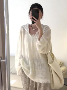 เสื้อถักคอตตอนสไตล์ฝรั่งเศสสำหรับผู้หญิง ทรงหลวม ดีไซน์เก๋ไก๋ แขนยาว ปกโปโล สีพื้น ฤดูใบไม้ผลิและฤดูใบไม้ร่วง