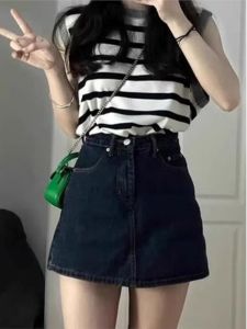 French Rouje Tusse High เอว ทรงเอ Mini กระโปรง สําหรับ พลัสไซส์ ผู้หญิง เดนิม กระโปรงสั้น พรางหุ่น การปกปิดเนื้อ ฤดูร้อน กางเกงขาสั้น