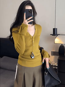 Early Autumn Vintage Ginger Yellow V-Neck Long Sleeve Knitted Sweater Womens New Design Slimming Base Layer Top
